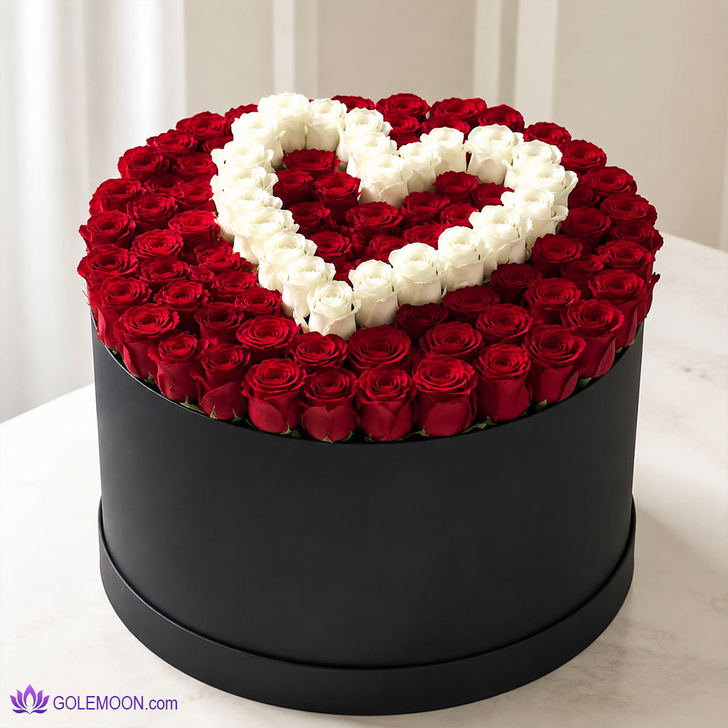 خرید باکس گل رز با قلب برجسته صد شاخه خرید باکس گل رز با قلب برجسته صد شاخه