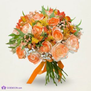 خرید دسته گل جذاب رزهای سفید و نارنجی