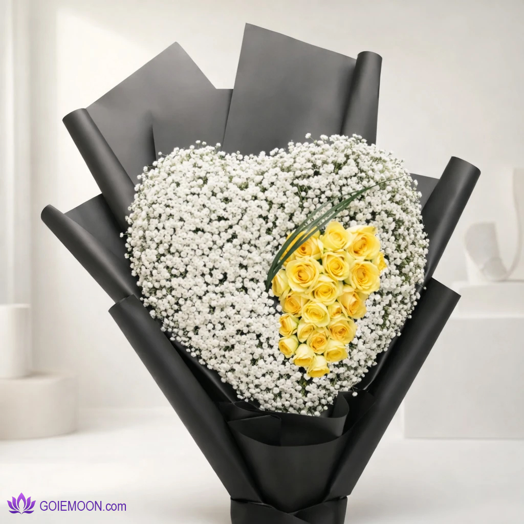 خرید دسته گل قلبی با رز زرد و عروس خرید دسته گل قلبی با رز زرد و عروس