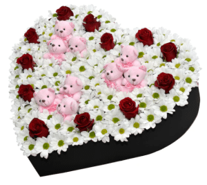 خرید جعبه بزرگ قلب مشکی دیزی سفید گل رز قرمز و خرس عروسکی زیبا(ترکیه)