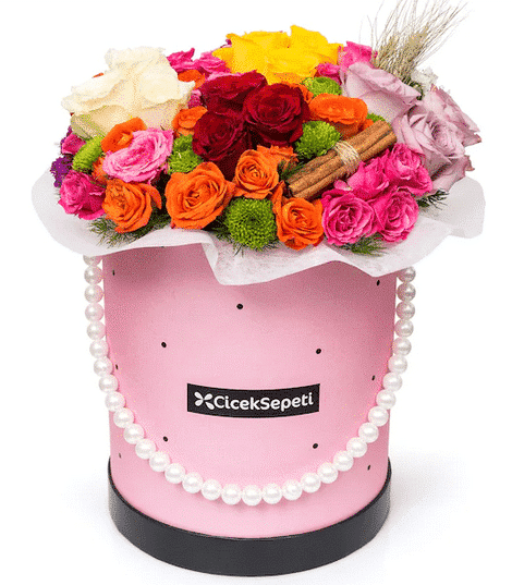 Mixed Rose Arrangement in Pink Box with Pearls خرید چیدمان ترکیبی رز در جعبه صورتی با مروارید(ترکیه)