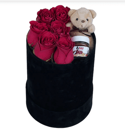 Red Rose with Nutella and Teddy Bear in Round Black Velvet Box خرید رز قرمز با نوتلا و خرس عروسکی در جعبه مخمل مشکی گرد(ترکیه)