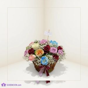 خرید سبد گل 20 شاخه رز رنگی