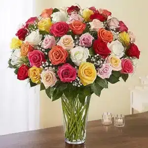 خرید دسته 50 گل رز مختلف در گلدان شیشه ای (امارات)
