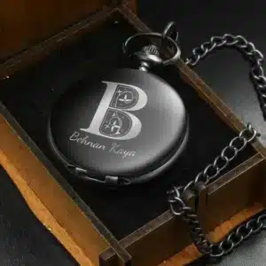 ساعت جیبی شخصی سازی شده با جعبه چوبی