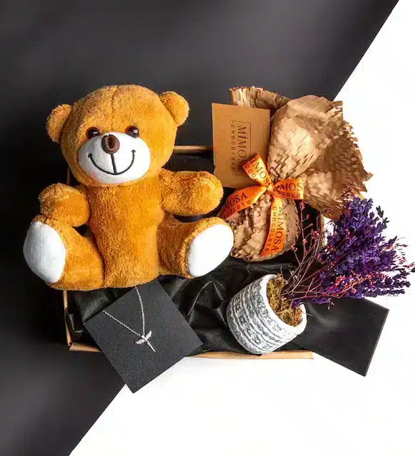 شکلات کیسه ای 100 گرمی میموزا - گردنبند فرشته - خرس عروسکی ناز - سری معتبر اسطوخودوس خشک - جعبه هدیه طرح ویژه