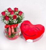 خرید گلدان آکواریومی Paşabahçe با 7 گل رز قرمز و قلب های زیبا (ترکیه)