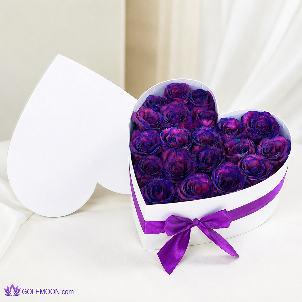 خرید باکس گل قلب بنفش خرید باکس گل قلب بنفش