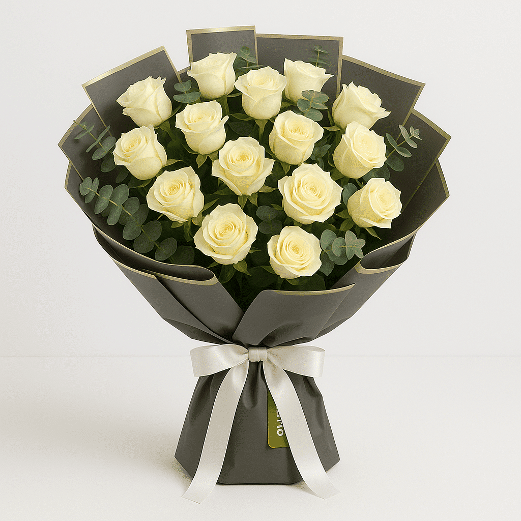 دسته گل 20 رز سفید آرام کد35 دسته گل 20 رز سفید آرام کد35