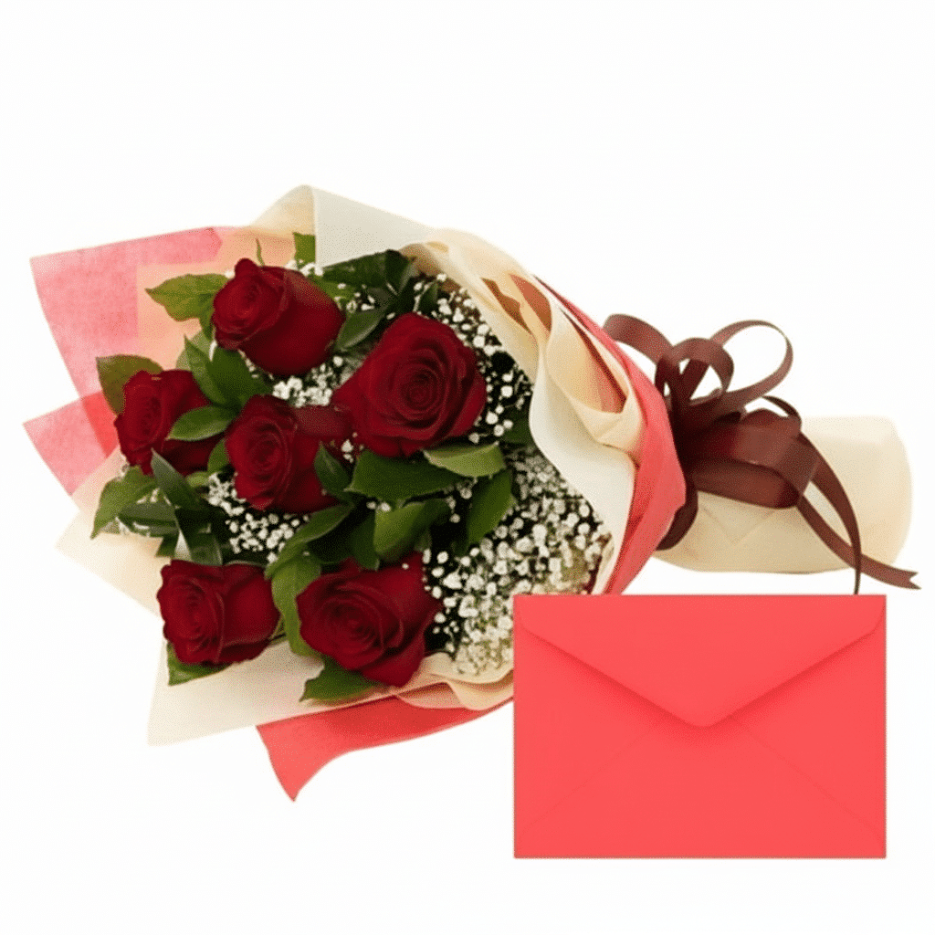 دسته گل 6 رز قرمز به همراه کارت تبریک کد3 دسته گل 6 رز قرمز به همراه کارت تبریک کد3
