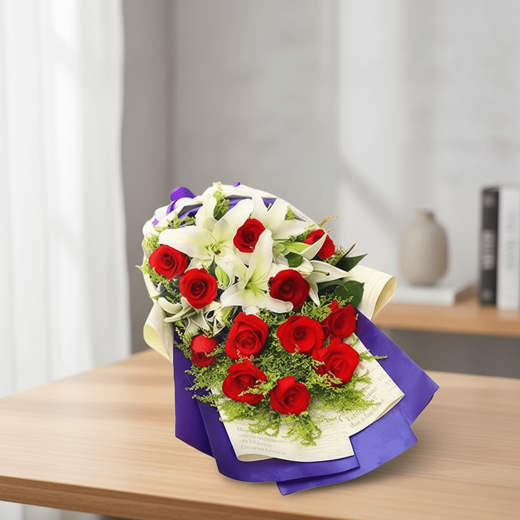 دسته گل رز قرمز جذاب و لیلیوم سفید کد72 دسته گل رز قرمز جذاب و لیلیوم سفید کد72