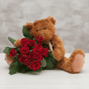 دسته گل رز قرمز و خرس مخملی کد92