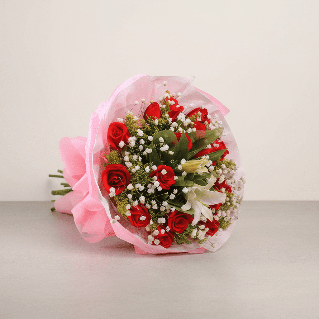 دسته گل رز قرمز و سوسن سفید به همراه نفس کودک کد68 دسته گل رز قرمز و سوسن سفید به همراه نفس کودک کد68