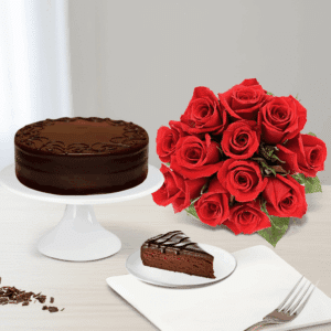 کیک شکلاتی و گل رز قرمز کد76