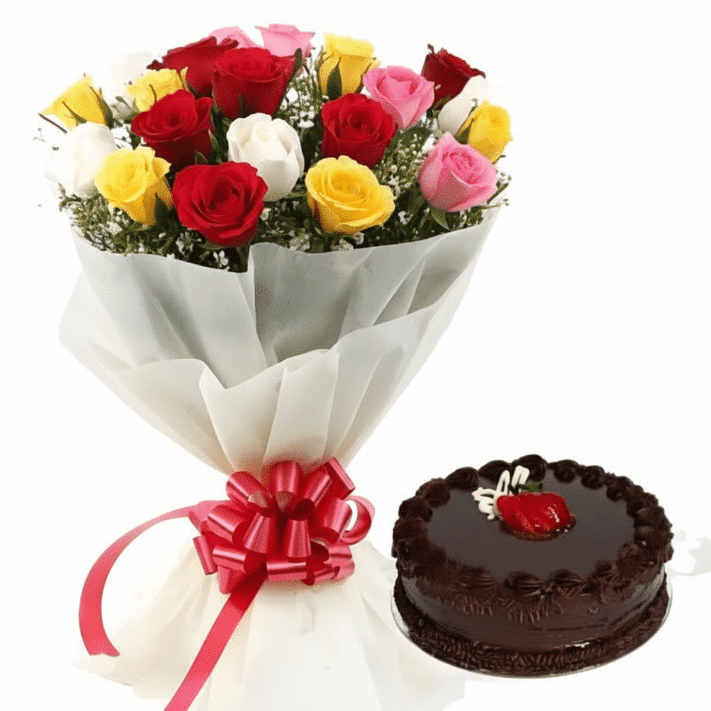 کیک مخلوط گل رز و شکلات کد23 کیک مخلوط گل رز و شکلات کد23