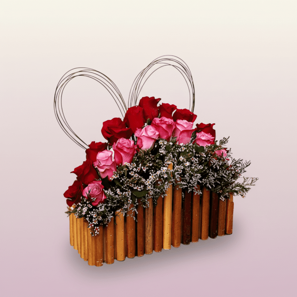 گل رز قرمز و بنفش با موم صورتی روی پایه چوبی کد76 گل رز قرمز و بنفش با موم صورتی روی پایه چوبی کد76