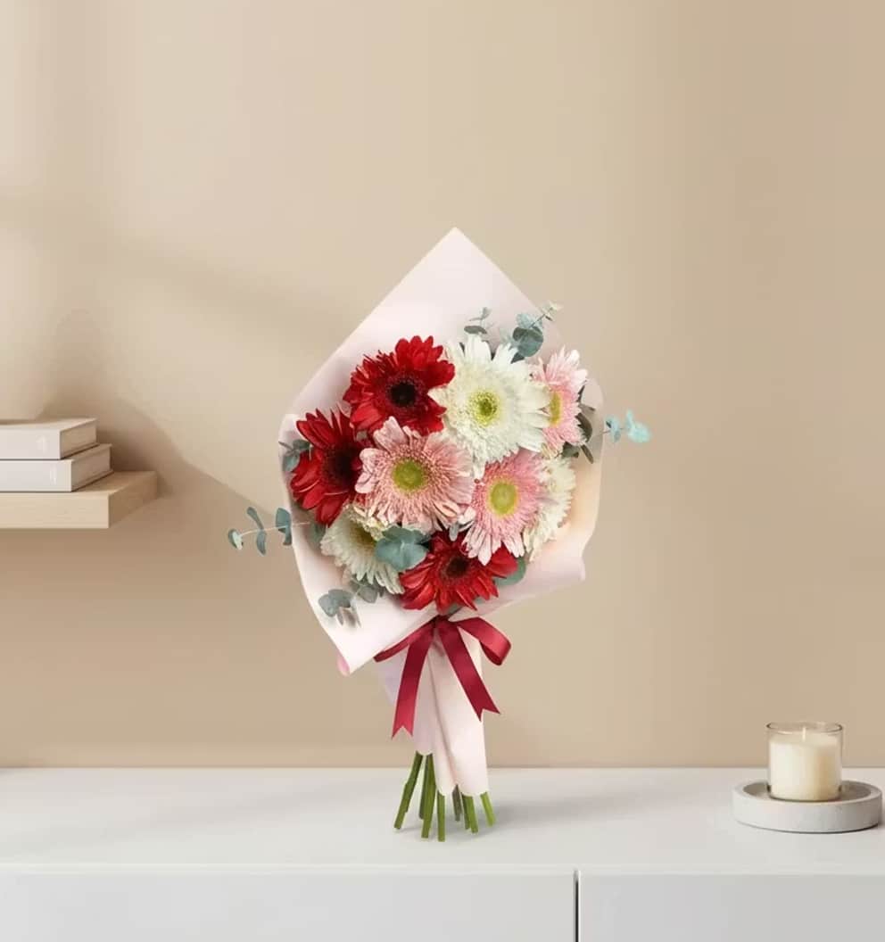 دسته گل پودری با ژربراهای قرمز، صورتی و سفید کد62 دسته گل پودری با ژربراهای قرمز، صورتی و سفید کد62
