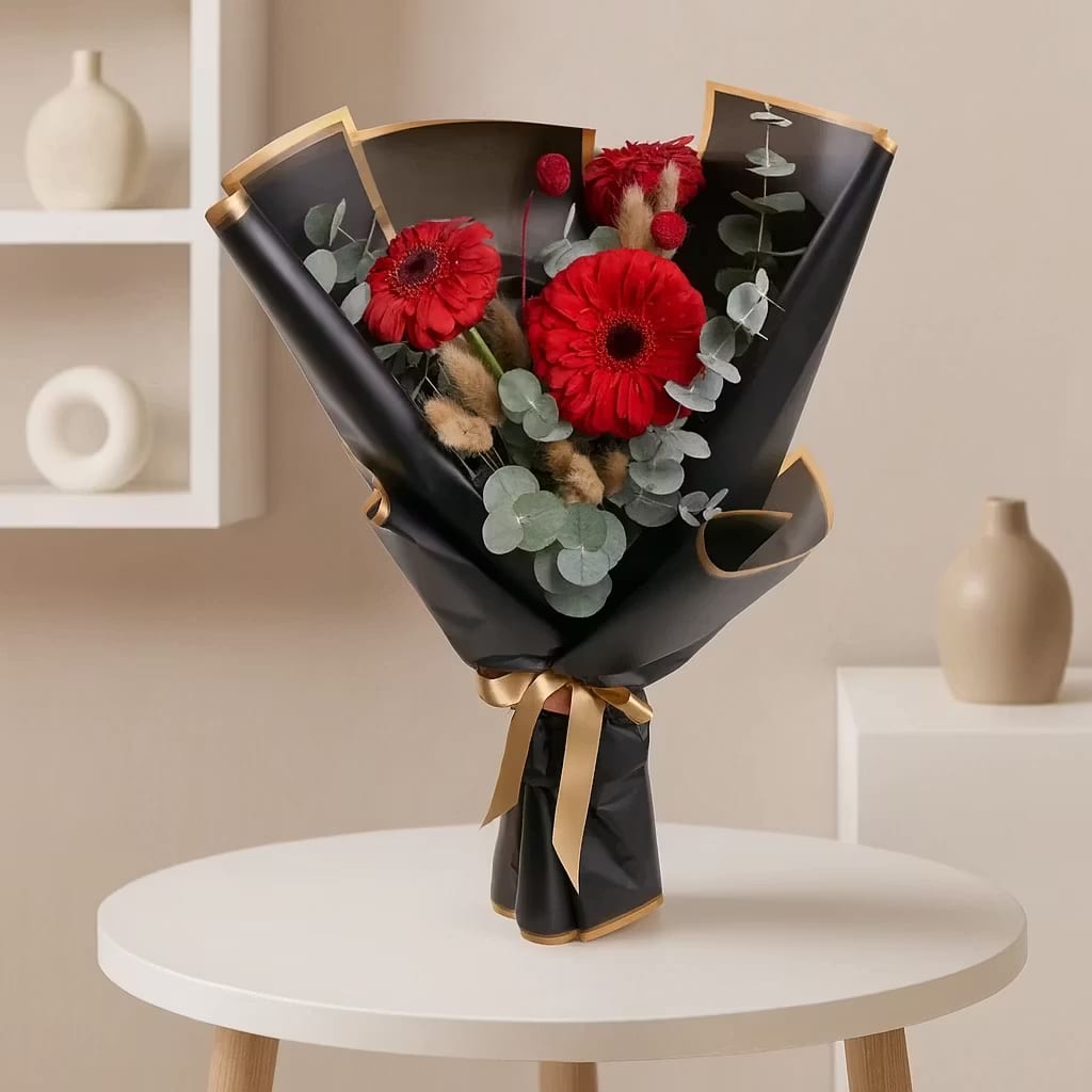ژربرا قرمز و اکالیپتوس در کاغذ دسته گل مشکی کد72 ژربرا قرمز و اکالیپتوس در کاغذ دسته گل مشکی کد72