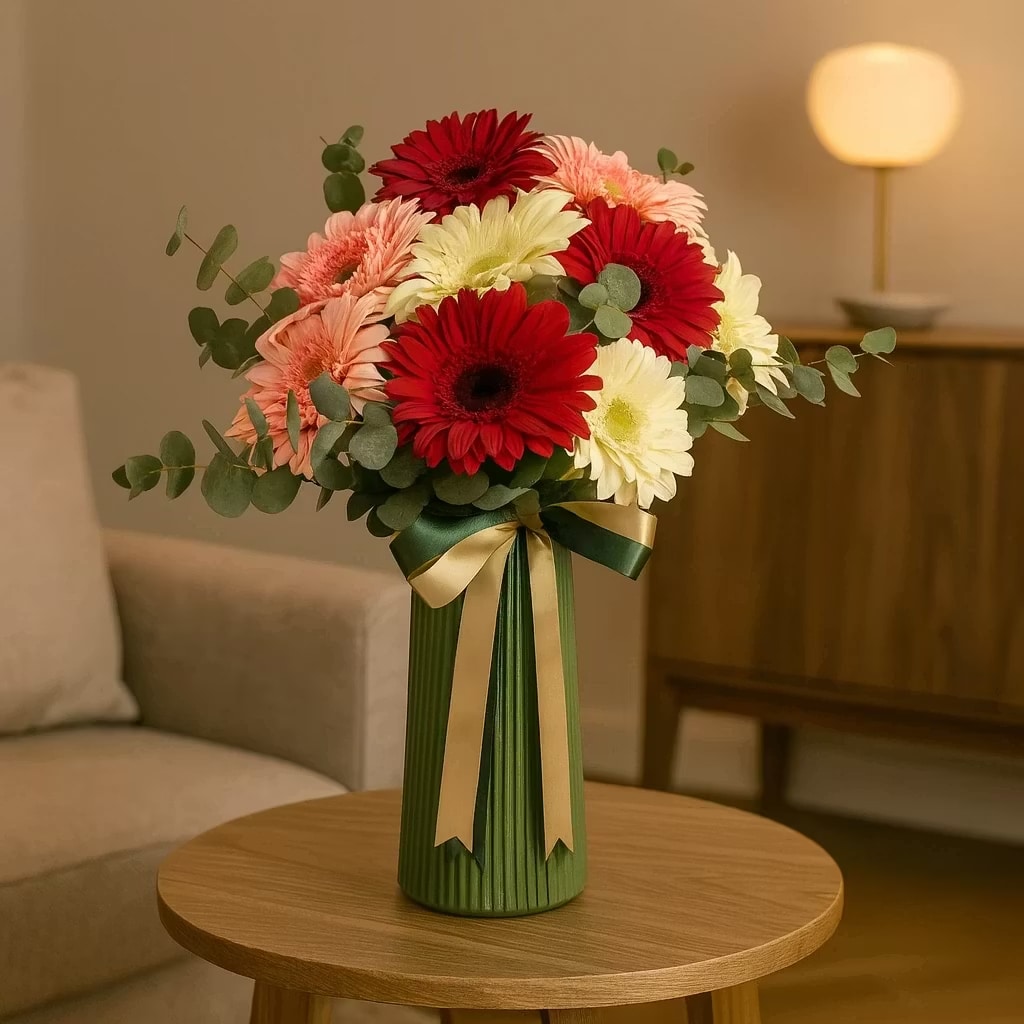 ژربراهای رنگارنگ در گلدان پلیمری سبز با روبان زرد کد98 ژربراهای رنگارنگ در گلدان پلیمری سبز با روبان زرد کد98